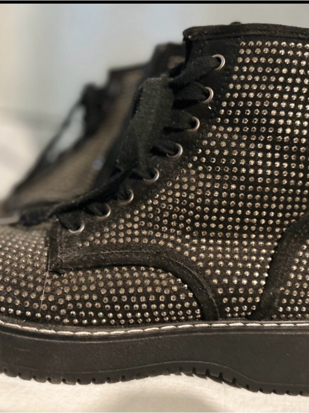 Black Rhinestone Lace-Up Ankle Boots with Platform Sole